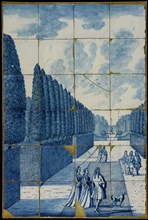 follower of: Cornelis Boumeester, Blue tile picture, walking company in formal garden with fountain and row of trees, tile