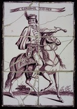 Tile panel, six tiles, purple on white, rider on horseback, with De Generael Ziethen, tile picture ceramic earthenware glaze