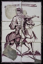 Tile panel, six tiles, purple on white, rider on horseback, with (Gen) erael Podouski, tile picture material ceramic earthenware