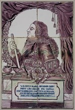 Purple tile tableau, portrait of Stadholder William IV of Orange, framed together with 5438, tile picture material ceramic