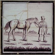 Tile panel, four tiles, man with horse, purple on white, tile picture ceramic earthenware glaze, baked 2x glazed painted