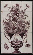 Tile panel in manganese, large flowerpot with Chinese on the sidewall, tile picture material ceramics pottery, per tile, baked