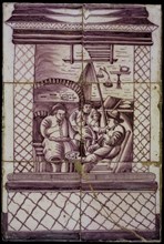 Basement of tile pilaster, six tiles, purple on white, company of three partly drinking and smoking men in interior, with scales