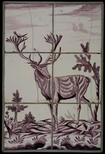Tile panel, six tiles, purple on white, deer in landscape, tile picture material ceramic earthenware enamel, baked 2x glazed