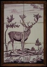 Tile panel, six tiles, purple on white, deer in landscape, tile tableware sculpture ceramics pottery glaze, baked 2x glazed
