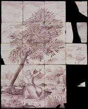 Tile-panel with biblical scene, five high and four broad, in purple on white, prophet Elijah passed through the ravens