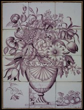 Verwijk?, Tile panel, twelve tiles, purple on white, flower vase, tile picture material ceramics pottery glaze, baked 2x glazed