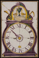 Johannes van der Wolk (1748 - 1843), Tile panel with pendulum clock with Roman numerals, I VAN DER WOLK TO ROTTERDAM, tile