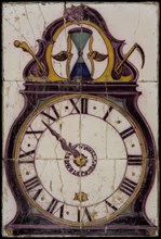 Van der Wolk, Tile panel, six tiles, purple, blue, yellow and green on white, pendulum clock with Roman numerals, IVDP Wolk