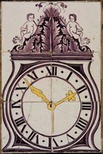 Tile panel, six tiles, purple and yellow on white, pendulum crowned by putti, tile picture material ceramics pottery glaze