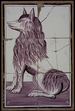 Tile panel, six tiles, sitting dog, purple on white, tile picture ceramic earthenware glaze, baked 2x glazed painted Two wide