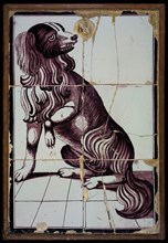 Tile panel, six tiles, purple on white, sitting dog with lifted left front leg, tile picture ceramic earthenware glaze, baked 2x