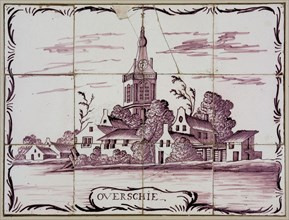Purple tile tableau, view of Overschie with church tower, tile picture material ceramics pottery glaze wood, baked 2x glazed