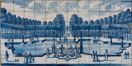 tile manufacturer Delftsevaart, Tile tableau with Buitenplaats Ouderhoek on the Vecht with formal garden and fountain, tile