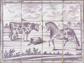 Purple tile picture with cow, horse and sheep, tile picture material ceramics pottery glaze wood, baked 2x glazed painted Four