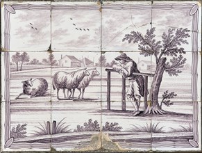Purple tile picture with three sheep and man, tile picture material ceramic pottery, baked 2x glazed painted Four wide three