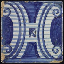 Tile of chimney pilaster, blue on white, part of pillar with capitals in H-shaped curly ornament, chimney pilaster tile pilaster