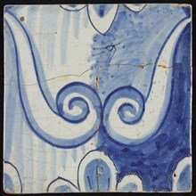 Tile of chimney pilaster, blue on white, part of pillar with curly ornament, chimney pilaster tile pilaster footage fragment