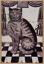 Van der Wolk?, Purple tile tableau, sitting cat facing left, on black and white checkered floor, looks at the viewer, tile