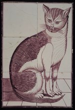 Purple tile tableau, sitting cat to the right, looking angry, stuck on the plate, tile picture material ceramics pottery glaze