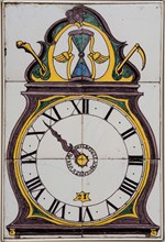 Gerrit Bakhuijzen of Ludolf Bakhuijzen of Arend Bakhuijzen of atelier Bakhuijzen, Polychrome tile picture with clock, signed