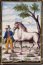 Polychrome tile picture, farmer with horse, tile picture ceramic earthenware glaze tin glaze, baked 2x glazed painted Two broad