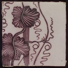 Tile of purple tile pilaster with twisted column on which rank of leaves, grapes, spiders, insects and bird, tile pilaster