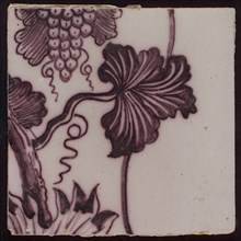 Tile of purple tile pilaster with twisted column on which tendril leaves, grapes, spiders, insects and bird, tile pilaster