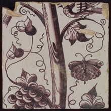 Tile of purple pilaster with tree trunk with curled twigs, leaves, bunches of grapes and surrounded by butterflies, bird, tile