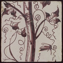 Tile of purple pilaster with tree trunk with curled twigs, leaves, bunches of grapes and surrounded by butterflies, tile