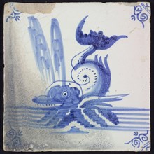 Scene tile, water-spouting dolphin, in blue on white, corner motif ox-head, wall tile tile sculpture ceramic earthenware glaze
