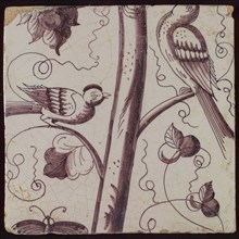 Tile of purple pilaster with tree trunk covered with twigs and leaves, birds, butterfly, tile pilaster footage fragment ceramic