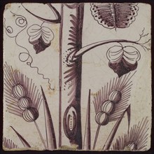 Tile of purple pilaster with tree trunk covered with twigs and leaves, butterfly, reeds and ears of corn, tile pilaster footage