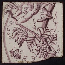 Tile of purple pilaster with twisted column around which branch of leaves, bunches of grapes and angels, tile pilaster footage