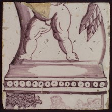 Tile of purple pilaster with twisted column around which branch of leaves, bunches of grapes and angels, tile pilaster footage