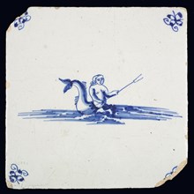 Scene tile, in blue on white, mermaid in water to the right, in hand trident, corner pattern spider, wall tile tile sculpture