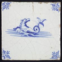Scene tile, horse with curly fish tail, in blue on white, corner pattern ox head, wall tile tile sculpture ceramic earthenware