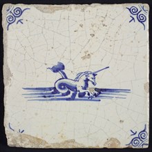 Scene tile, unicorn with curled fish tail, in blue on white, corner motif oxtail, wall tile tile sculpture ceramic earthenware