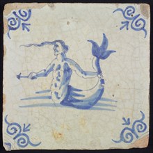 Scene tile, naked man with fish tail, holding his tail with one hand and arrow, in blue on white, corner motif oxen head, wall