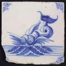 Scene tile, sea-washed in continuous water, in blue on white, corner motif of ox-head, wall tile tile sculpture ceramic