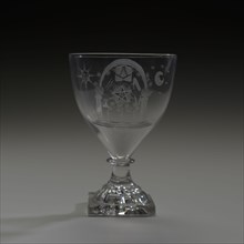 Chalice glass engraved with masonic symbols and initials BH, wine glass drinking glass drinking utensils tableware holder lead