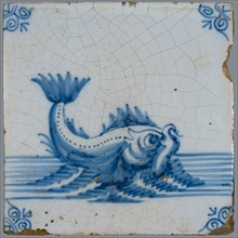 Scene tile, in tile field of eight, four high, two wide; blue, dolphin at sea, corner motif ox's head, tiled field wall tile