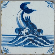 Scene tile, in tile field of eight, four high, two wide; blue, dolphin at sea, seen from the front, corner motif ox's head, tile