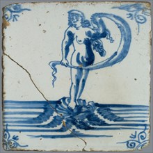 Scene tile, in tile field of eight, four high, two wide; sea creature tile in blue, lady Fortuna standing on shell at sea
