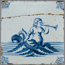 Scene tile, in tile field of eight, four high, two wide; blue, merman with trumpet, corner motif ox's head, tiled field wall