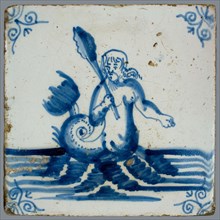Scene tile, in tile field of eight, four high, two wide; blue, meerman with club, at sea, corner motif ox-head, tiled field wall