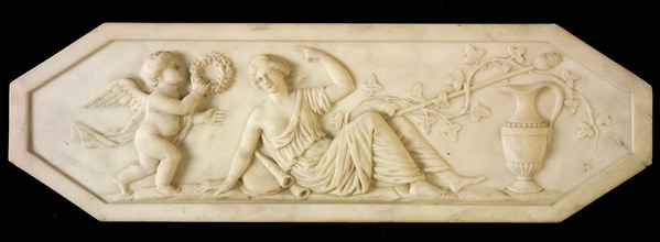 White octagonal relief, allegory to music, classical lady with left flutes and tambour, left putto or angel with wreath, relief