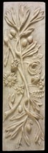 White rectangular relief, with two mistletoe branches and spreading flowers, relief marble stone, fireplace