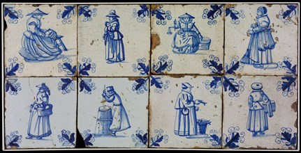 Tile field, eight tiles, blue on white, among others fish seller and woman with scale, corner motif, tiled field wall tile