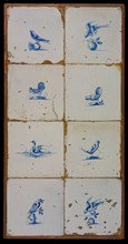 Tile field, eight tiles, blue on white, birds, including two cocks on the ground, tiled field wall tile sculpture ceramics